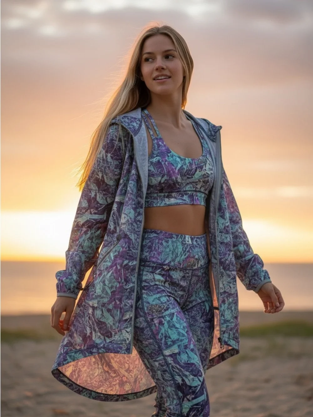 lululemon athletica Purple and Teal Marble-Print Lightweight Hooded Coat & Bra